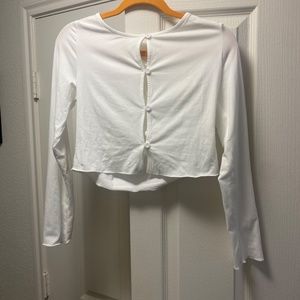ROMWE White Long Sleeve Button-Front Cropped T-shirt NWOT